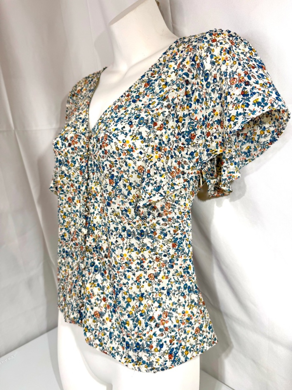 Madewell Floral Button Front Blouse Flutter Sleeve Cinched Back Top 6 - Picture 4 of 11